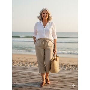 CJ Banks Womens 2X Beige‎ Linen Blend Drawstring Capri Pants Classic Fit New
